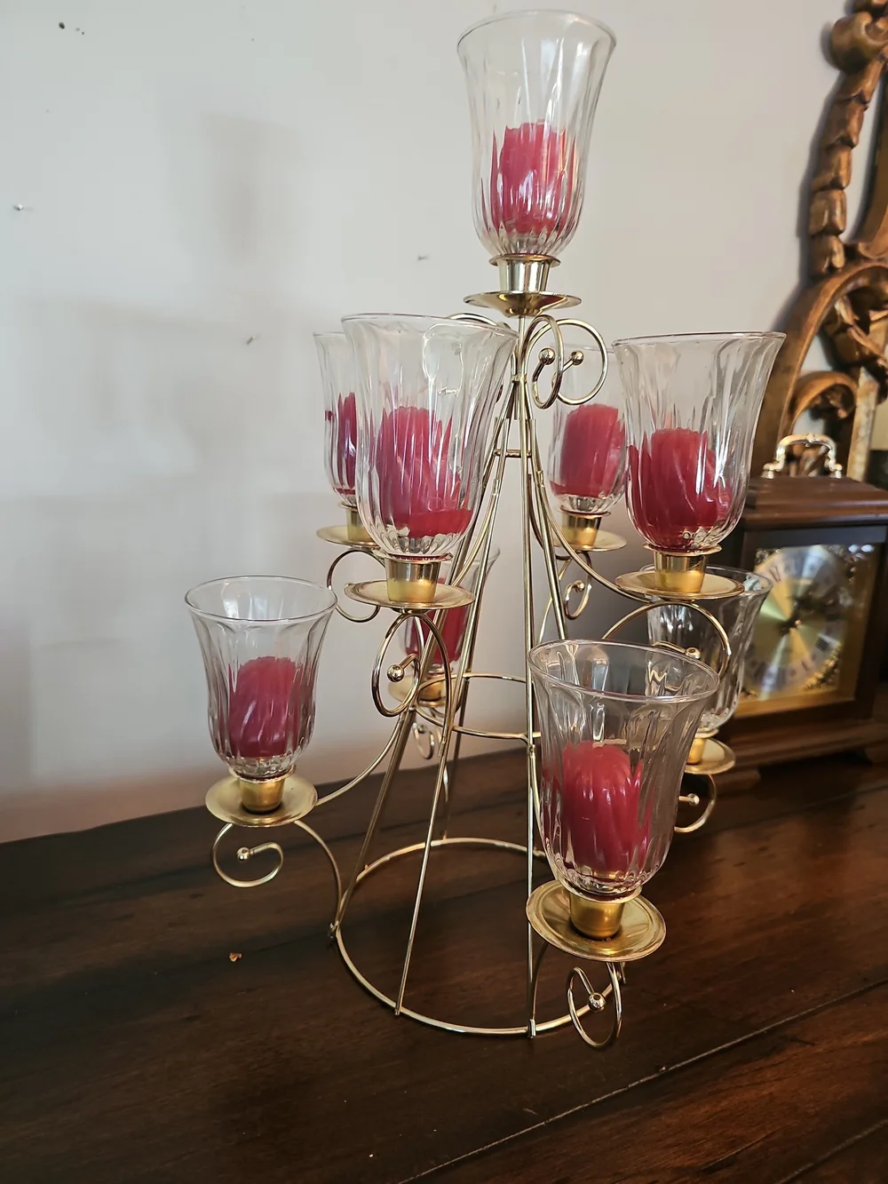 Home Interiors Gold Multi-Tier Candle Candelabra with Red Candles & Glass Shades